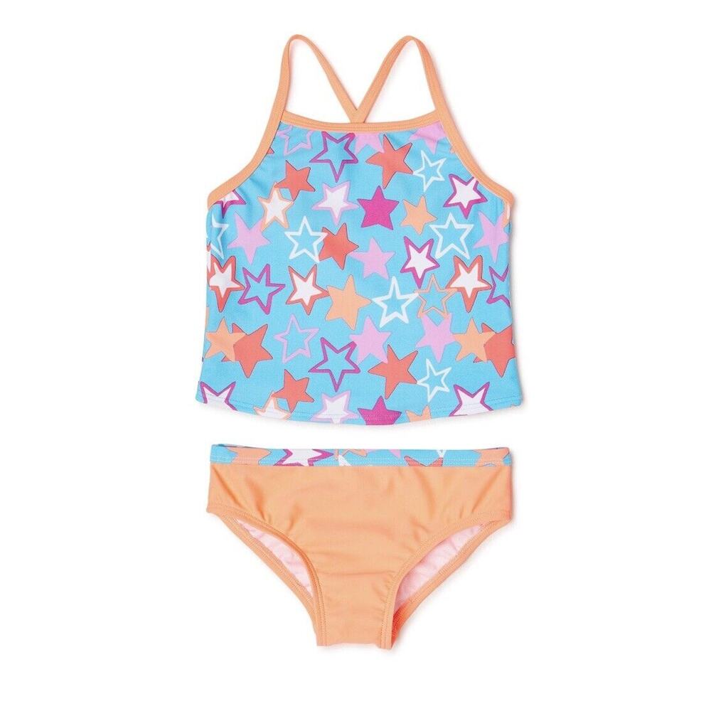 Wonder Nation Size 2T Toddler Girls Stars Tankini, 2-Piece Swim Set Orange Stars